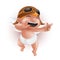 Funny little baby cupid in diaper, helmet and pilot glasses, pointing his finger and laughing. Cute angel character vector