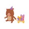 Funny little bear pulling yellow cart with Birthday presents. Humanized animal in party hat. Flat vector design