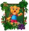 Funny Little Boy Lion In Forest With Tropical Plant Flower In Wood Square Frame Cartoon