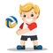 Funny little boy playing volley ball.