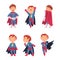 Funny little boy in superhero costume set. Cute boy in cape in different poses cartoon vector illustration