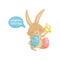 Funny little bunny with Easter eggs. Cute brown rabbit with long ears and short tail. Happy holiday. Flat vector icon