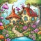 Funny little cartoon house with flowers around, fairytale small cottage