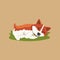 Funny little corgi sleeping on green lawn. Cartoon red-haired dog with cute muzzle. Purebred domestic animal. Flat