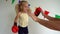 Funny little girl boxing, train with father. Bruise on child face. slow motion