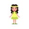 Funny little girl dressed in yellow dress with green stripes. Cartoon child character with flower wreath on head. Spring