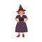 Funny little girl in witch costume vector flat illustration. Cute child wizard or sorcerer wearing dress and hat