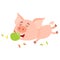 Funny little pig lying and eating apple, three stumps around