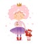 Funny little princess with a teddy bear and a cupcake. The girl in the crown and tutu walks with a toy and eats a cake