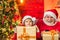 Funny little Santa father and son holding bag with presents. Santa child grandfather and grandson . Boy child play with