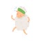 Funny little sheep with green sport headband doing morning exercises. Cartoon character of domestic animal with fluffy