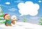Funny little toddler boy in a red knitted Nordic hat and warm coat playing with a snow