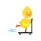 Funny little yellow duckling riding kick scooters cartoon character vector illustration