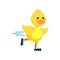 Funny little yellow duckling rolling on roller blades cartoon character vector illustration
