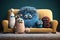 funny live wool monsters on the couch illustration Generative AI