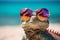 Funny lizard with cool sunglasses at beach