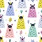 Funny llama faces seamless pattern. Bright background in Scandinavian style with cute lamas