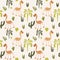 Funny long-necked animals, palm trees, plants. Seamless pattern. Vector illustration