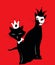 Funny looking black cats on red background