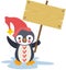 Funny love penguin with red hat holding wooden signboard