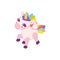 Funny magic baby unicorn with rainbow mane flat vector illustration isolated.