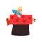 Funny magician sawing young woman into two halves. Assistant in red box. Colorful flat vector design