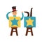 Funny magician sawn into two parts. Circus performance. Cartoon man character. Flat vector design