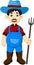 Funny male farmer cartoon holding rake