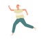 Funny male teenager in cap and sportswear running or moving fast vector flat illustration. Smiling boy jogging enjoying