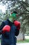 Funny man with animal mask of a frog wearing a cap and red boxing gloves training in the middle of nature