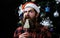 Funny man with beard on surprised face and lollipop. New year guy lick candy or sweet. Winter holiday and xmas. Party