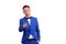 Funny man in blue suite on white background