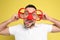 Funny man with clown nose and large glasses on background. April fool`s day