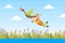 Funny Man Hunter Character Flying with Duck Bird Cartoon Vector Illustration