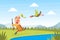 Funny Man Hunter Character Running away from Flying Duck Bird Cartoon Vector Illustration