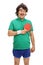 Funny man posing with a table tennis racket and a ball