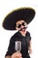 Funny man wearing mexican sombrero hat isolated