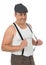 Funny man is wearing a white, suspenders and tank top. He wears