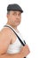 Funny man is wearing a white, suspenders and tank top. He wears