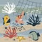 Funny marine animals on a sea bottom, fish, flounder, corals, starfish, crab, trawl fishery, underwater life concept