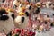 Funny martenitsa in the form of lambs on a street market. Martisor. Symbol of spring in Bulgaria and Romania Soft focus