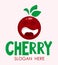 Funny mascot bright sticker, emblem and logo for cherry bery fresh juice. For cafe, bar, club, grocery store, package, price tag