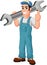 Funny mechanic cartoon holding wrench and giving thumbs up