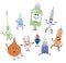 Funny medicines. Medicine emoticons on white, humor pills, thermometer, syringe cartoon medical capsules drawings, first