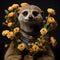 funny meerkat with a bouquet of flowers on a black background.