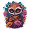 A funny meerkat wears glasses and an orange suit. Generative AI. Is surrounded by green leaves and chrysanthemums.