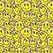 Funny melt smiley faces seamless pattern. Lava lamp, water drops, drug trip style. Retro vintage color palette. Hand