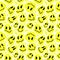 Funny melt smiley faces seamless pattern. Lava lamp, water drops, drug trip style. Retro vintage color palette. Hand