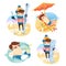 Funny men Winter mountains holidays Summer sea vacations. Flat style
