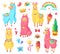 Funny mexican smiling alpaca with fluffy wool and cute rainbow llama unicorn. Magic pets cartoon illustration set